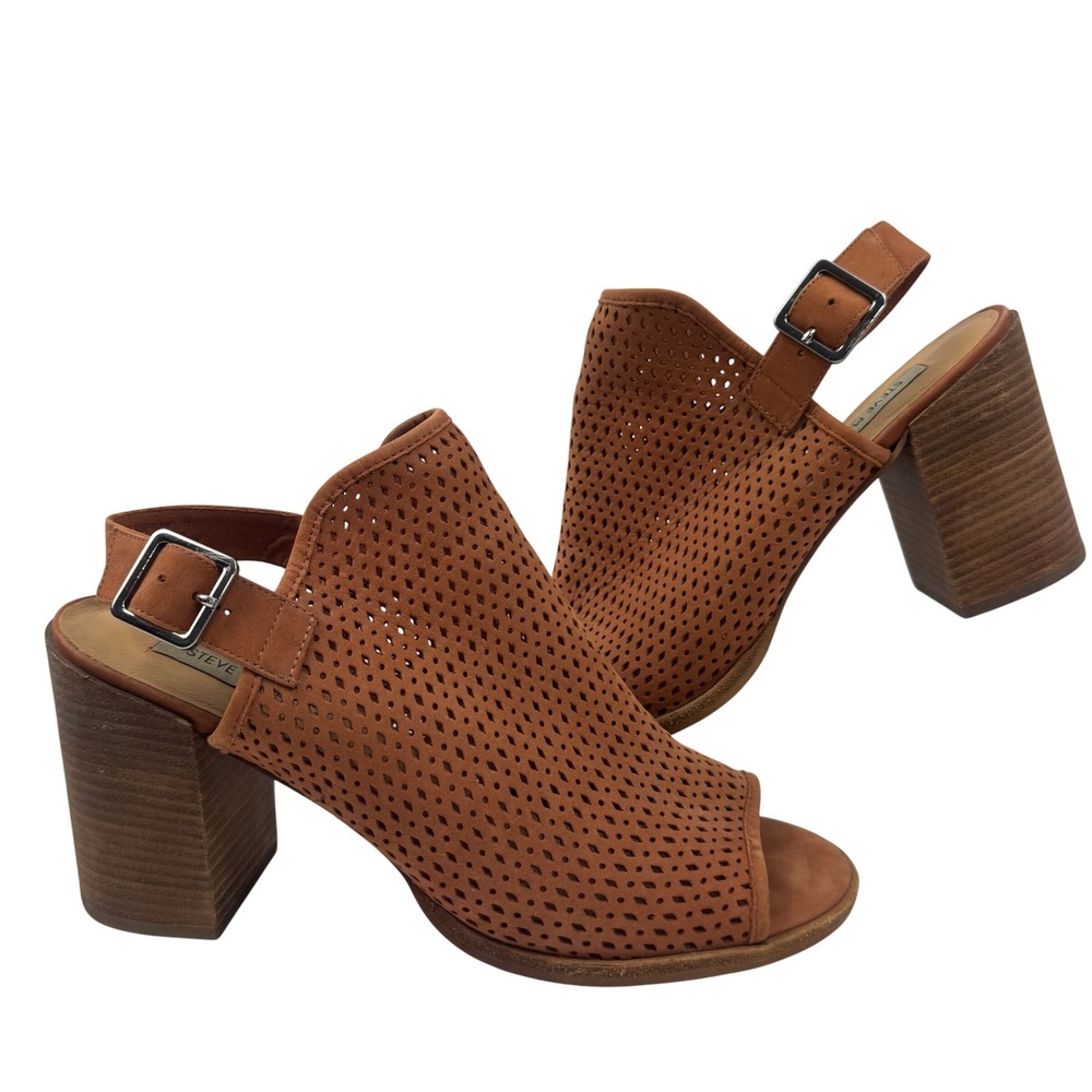 Steve Madden Neptune Cognac Perforated Leather Block Heel Sandals Women Sz 11